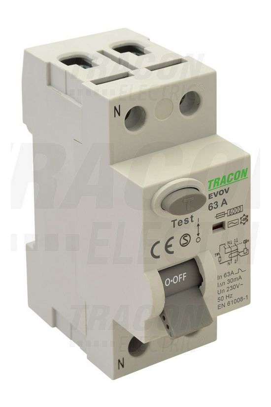 Áram-védőkapcsoló (Fi-relé) analóg 2P 25A 30mA AC-típus 6kA TRACON - EVOV2P2503