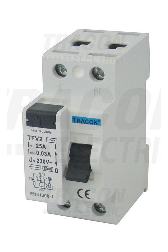 Áram-védőkapcsoló (Fi-relé) analóg 2P 63A 30mA AC-típus 6kA TRACON - TFV2-63030