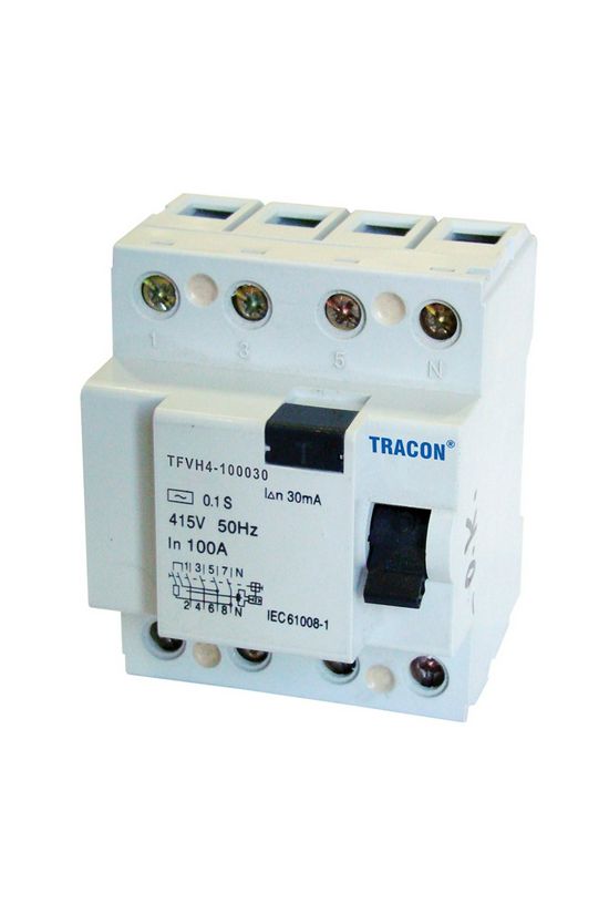 Áram-védőkapcsoló (Fi-relé) analóg 4P 100A 30mA AC-típus 6kA TRACON - TFVH4-100030