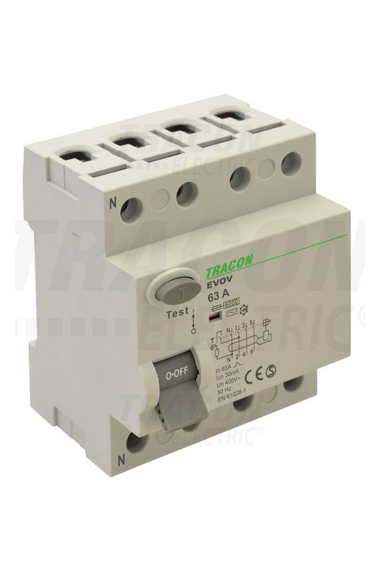 Áram-védőkapcsoló (Fi-relé) analóg 4P 25A 30mA AC-típus 6kA TRACON - EVOV4P2503