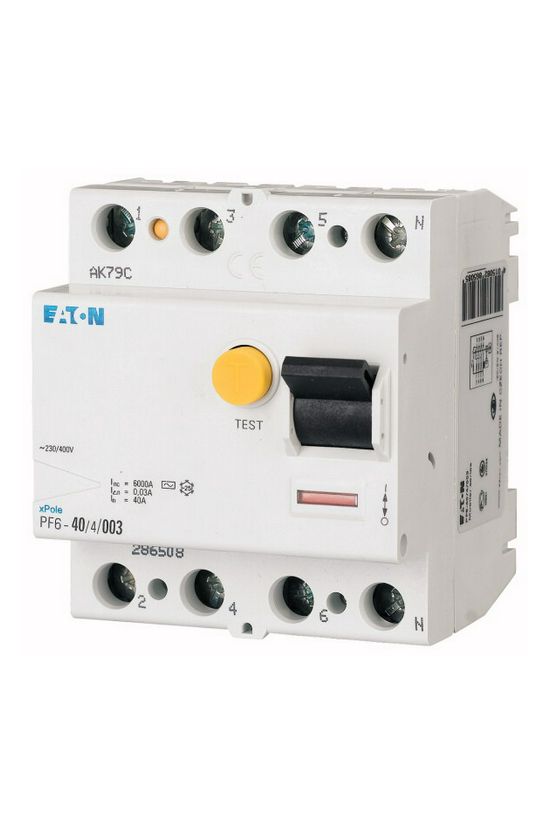 Áram-védőkapcsoló (Fi-relé) analóg 4P 40A 100mA AC-típus 6kA PF6-40/4/01 EATON - 286509