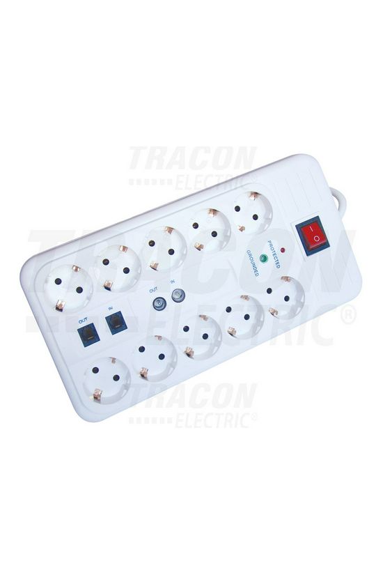 Asztali elosztósor 3680W 1.5mm2 3m túlfeszvédett 10x2P+F/230V 16A kapcsolós fehér IP20 TRACON - HNKTM10-3M-KT