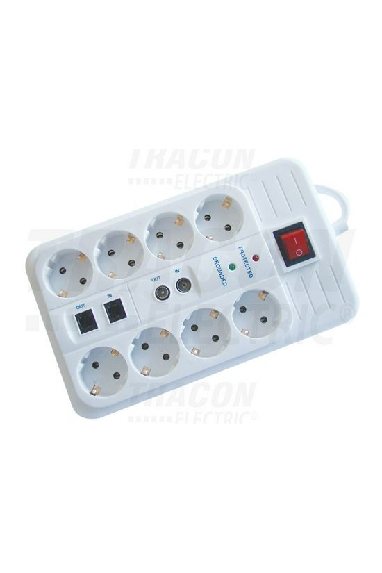 Asztali elosztósor 3680W 1.5mm2 3m túlfeszvédett 8x2P+F/230V 16A kapcsolós fehér IP20 TRACON - HNKTM8-3M-KT