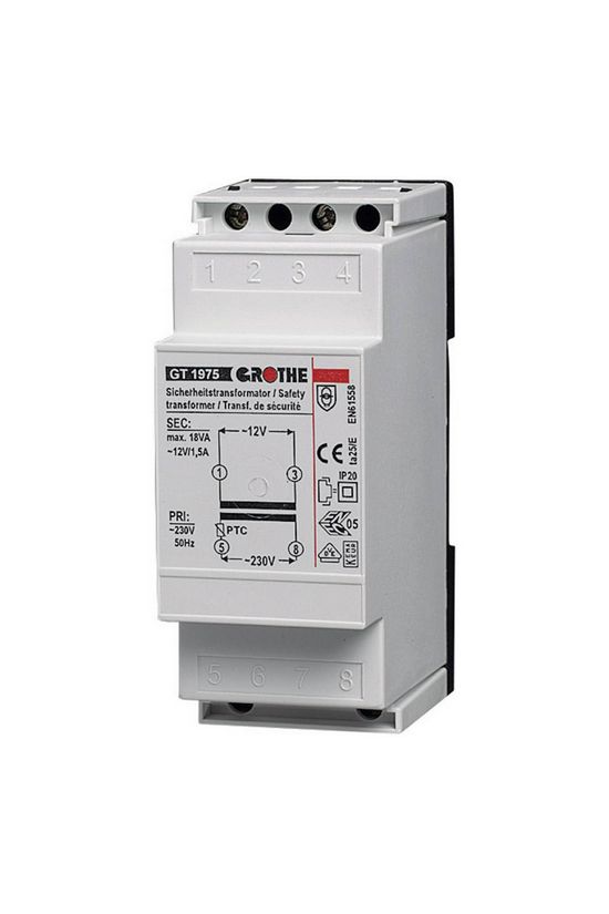 Biztonsági transzformátor 1F 18VA sorolható 230V/ 12V/ 1.5A GTN 1975 GROTHE - 14101