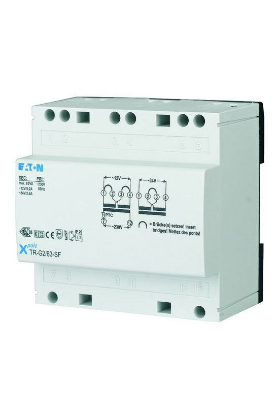 Biztonsági transzformátor 1F 63VA sorolható 230V/ 12V/ 5.2A 24V/ 2.6A 5M TR-G2/63-SF EATON - 272485