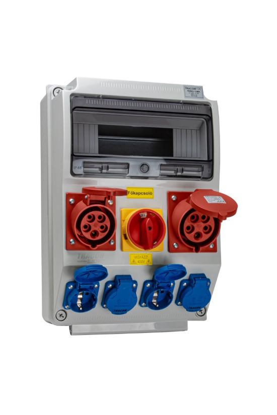 Dugaszoló elosztó 32A/400V 12M 1x16A5P400V 1x32A5P400V 4x2P+F/230V műanyag fali IP44 TRACON - TDB03-12MK