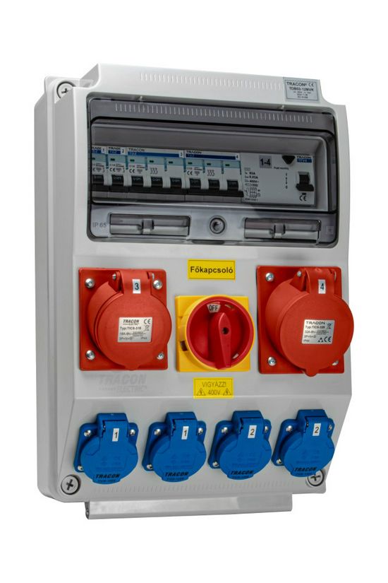 Dugaszoló elosztó 32A/400V 12M 1x16A5P400V 2x32A5P400V 4x2P+F/230V kismegszakító műanyag TRACON - TDB03-12MVK