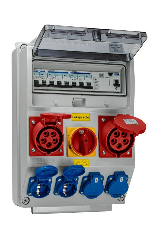 Dugaszoló elosztó 32A/400V 12M 1x16A5P400V 2x32A5P400V 4x2P+F/230V kismegszakító műanyag TRACON - TDB03-12MVK