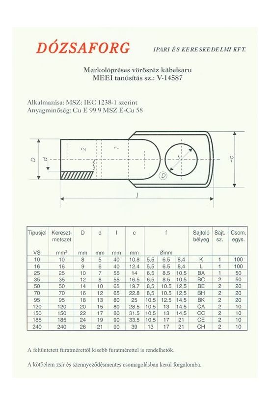 Csőkábelsaru réz 120mm2 13M/csavar csupasz gyűrűs-alakú VS120-20/15 DÓZSAFORG