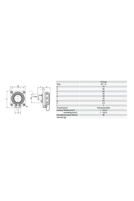 Dugalj beépíthető 2P+E +csapófedél 16A 3P 250V műanyag 75x75mm kék egyenes csavaros Nautilus PCE - 20351-8b