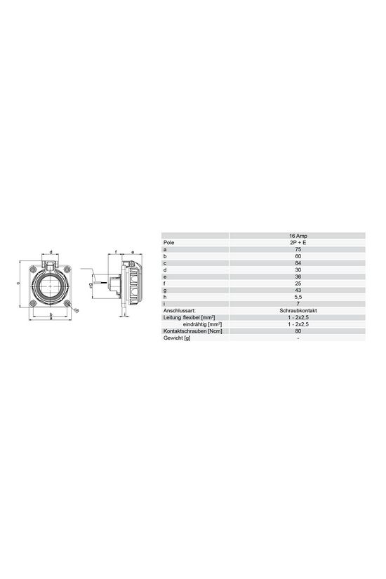 Dugalj beépíthető 2P+E +csapófedél 16A 3P 250V műanyag 75x75mm kék egyenes csavaros Nautilus PCE - 20352-8b