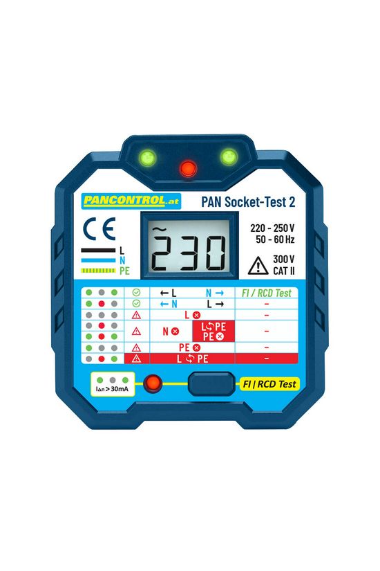 Dugalj teszter +FI-teszt 2P-ellenőrzés 90-250V LED/LCD-kijelzés PAN Socket-Test 2 Pancontrol
