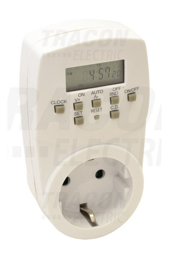 Dugaszolható időkapcsoló 3600W LCD gyerekzár kvarcvezérlésű digitális hetiprogram IP20 TRACON - TKO-DHE