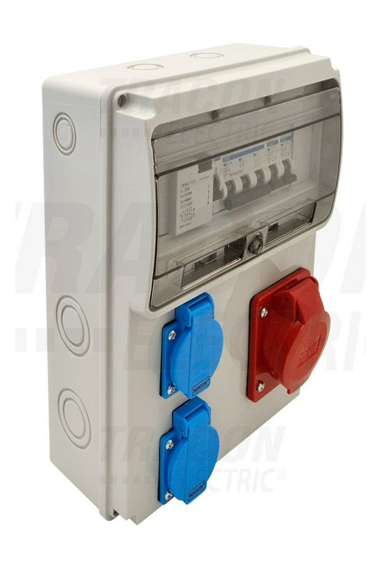 Dugaszoló elosztó 16A/400V 11M 1x16A5P400V 2x2P+F/230V kismegszakító műanyag fali IP44 TRACON - TDB04-11MV