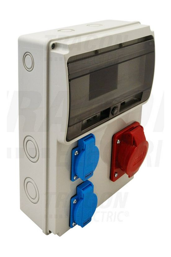 Dugaszoló elosztó 16A/400V 11M 1x16A5P400V 2x2P+F/230V műanyag fali IP44 szürke TRACON - TDB04-11M