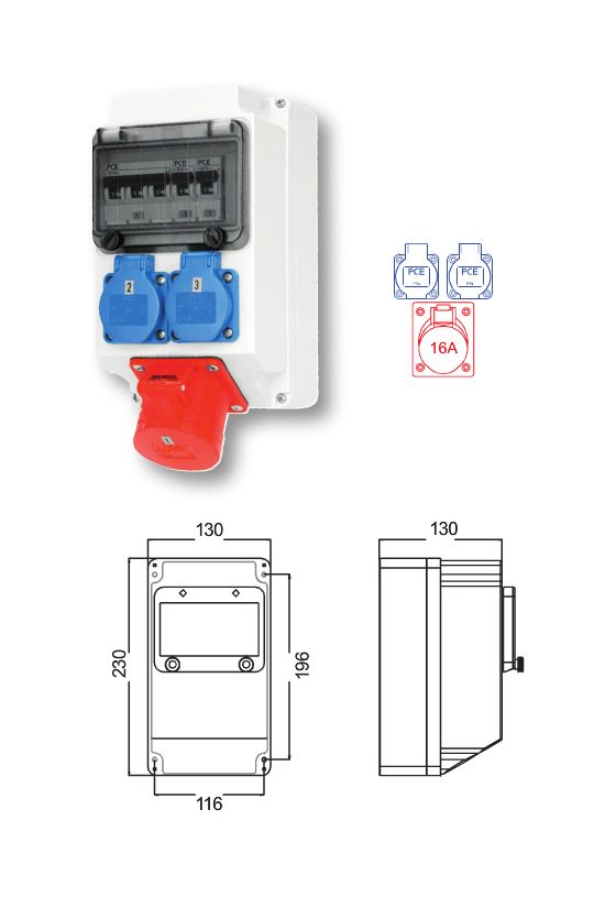 Dugaszoló elosztó 16A/400V 1x16A5P400V 2x16A2P+E/230V kismegszakító műanyag fali IP54 LECH PCE - 9605153