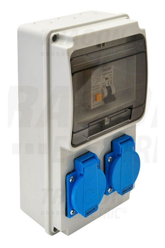 Dugaszoló elosztó 16A/400V 6M 1x16A5P400V 2x2P+F/230V kismegszakító műanyag fali IP44 TRACON - TDB02-6MV