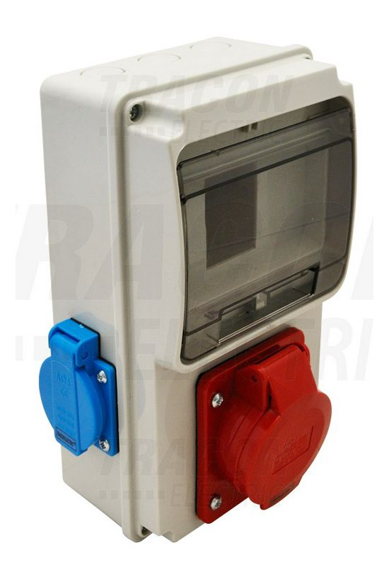 Dugaszoló elosztó 16A/400V 6M 1x16A5P400V 2x2P+F/230V műanyag fali IP44 szürke TRACON - TDB01-6M