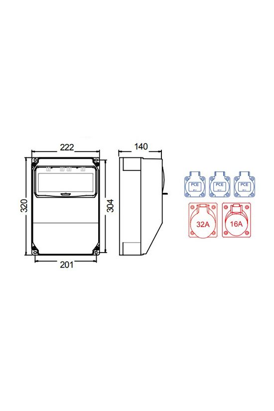 Dugaszoló elosztó 32A/400V 1x16A5P400V 1x32A5P400V 3x16A2P+E/230V kismegszakító műanyag ANIF7 PCE - 9135551