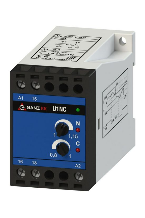 Feszültségvédelmi relé 1F+N aszimmetria/növekedés/csökkenés 1A/230V 184-265V 1v U1NC Ganz KK - 740-8071-060