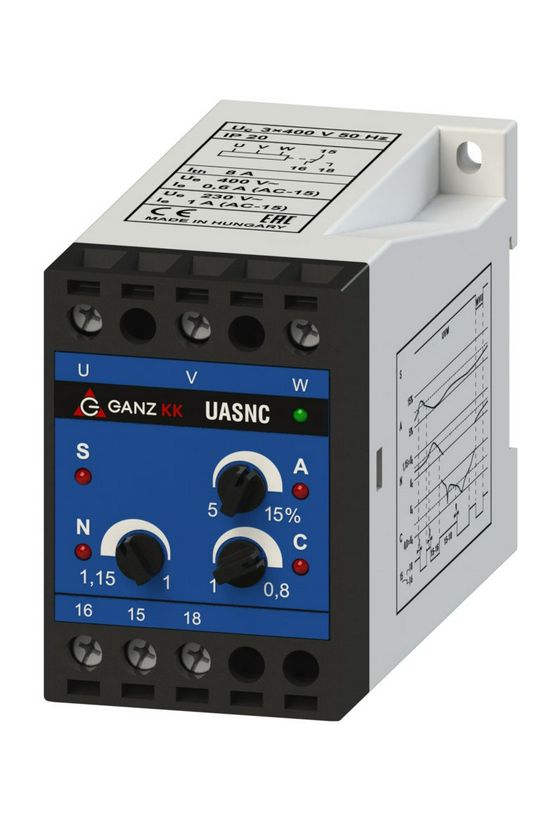 Feszültségvédelmi relé 3F aszimmetria/sorrend/növekedés/csökkenés 1A/230V 320-460V UASNC Ganz KK - 740-8070-515
