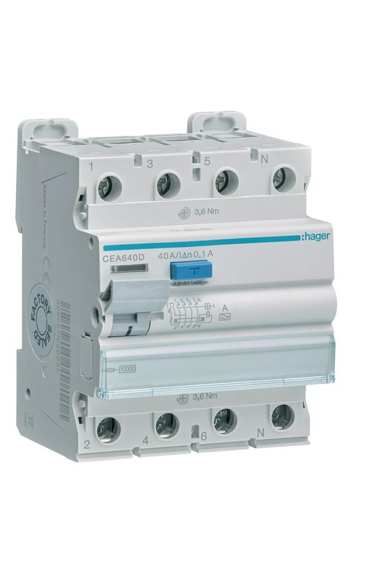 Áram-védőkapcsoló (Fi-relé) 100mA 4P 40A 0.1A A-típus 10kA Hager - CEA640D