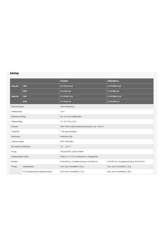 Fotokapcsoló adó-vevő 2m-kábel M18 sötétre kapcsol 15000mm-max.kapcs.táv PNP 12-24VDC Panasonic - CY-111B-P