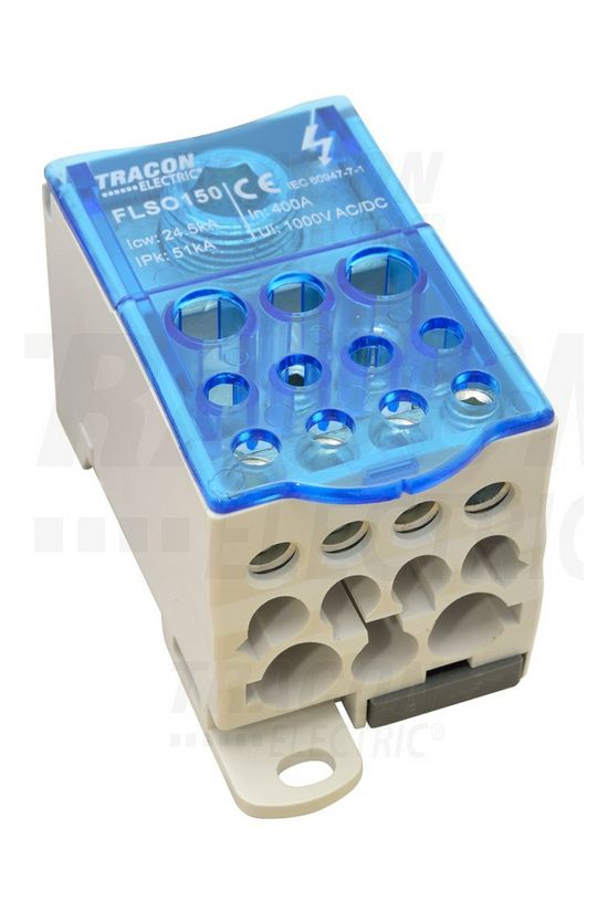 Fővezetéki leágazókapocs 400A/400VAC/DC 1x150+2x35+5x25+4x16mm2 fedéllel 1P 150mm2 TRACON - FLSO150