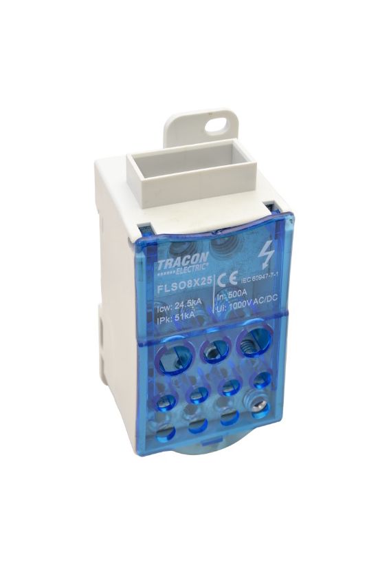 Fővezetéki leágazókapocs 500A/400VAC/DC 1x200+8x25+4x16+2x35mm2 fedéllel 1P 200mm2 TRACON - FLSO8X25