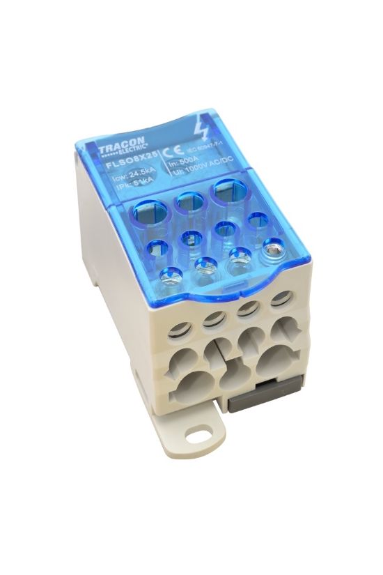 Fővezetéki leágazókapocs 500A/400VAC/DC 1x200+8x25+4x16+2x35mm2 fedéllel 1P 200mm2 TRACON - FLSO8X25