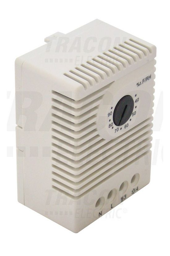 Higrosztát elosztószekrénybe 35-90%-légnedvesség 1v 5A 230V kalapsínre szürke IP20 TRACON - HGS-01