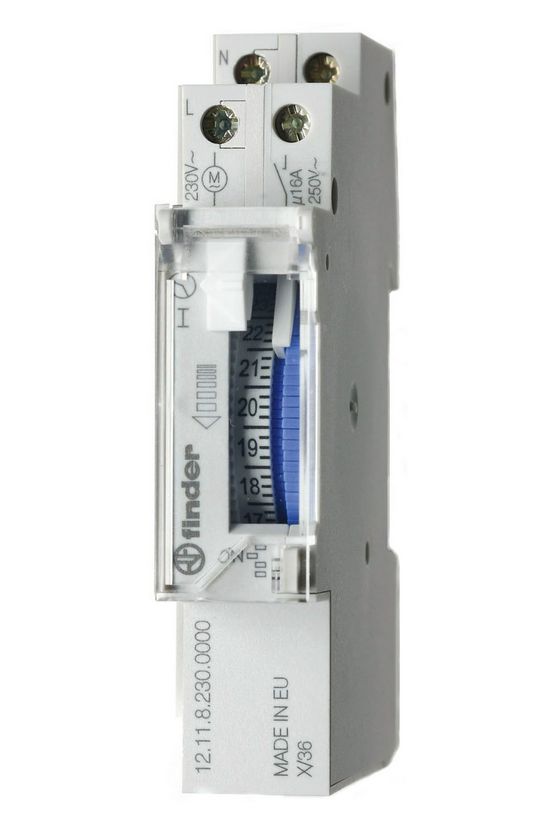 Kapcsolóóra sorolható analóg kvarc 1csatorna napi 1M 16A kalapsínre 12.11.8.230.0000 FINDER - 121182300000