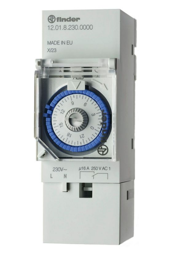 Kapcsolóóra sorolható analóg kvarc 1csatorna napi 2M 16A kalapsínre 12.01.8.230.0000 FINDER - 120182300000