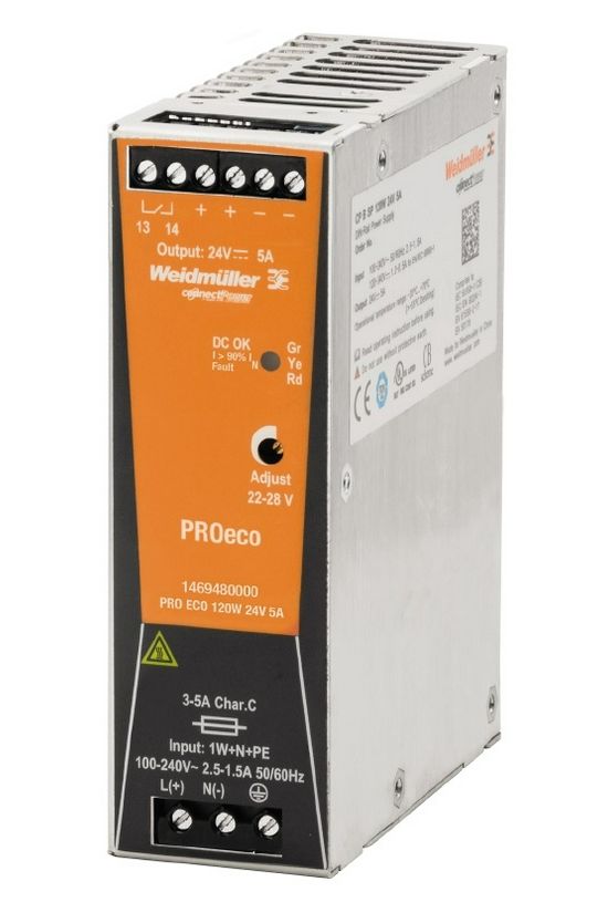 Kapcsolóüzemű DC tápegység 85-264VAC-be 80-370VDC-be 24VDC-ki 120W PRO ECO 120W 24V 5A Weidmüller - 1469480000