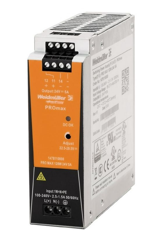 Kapcsolóüzemű DC tápegység 85-264VAC-be 80-370VDC-be 24VDC-ki 120W PRO MAX 120W 24V 5A Weidmüller - 1478110000