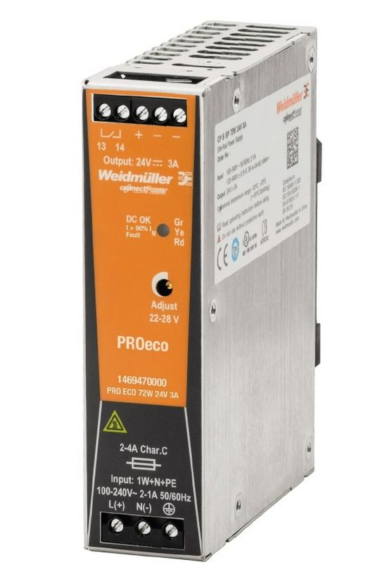 Kapcsolóüzemű DC tápegység 85-264VAC-be 80-370VDC-be 24VDC-ki 72W PRO ECO 72W 24V 3A Weidmüller - 1469470000