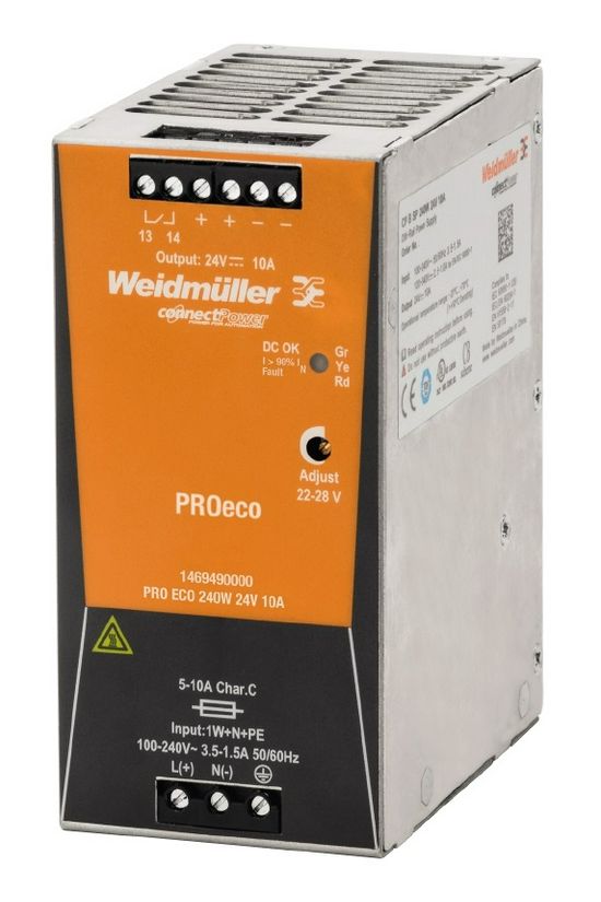 Kapcsolóüzemű DC tápegység 85-264VAC-be 80-370VDC-be 24VDC-ki PRO ECO 240W 24V 10A Weidmüller - 1469490000