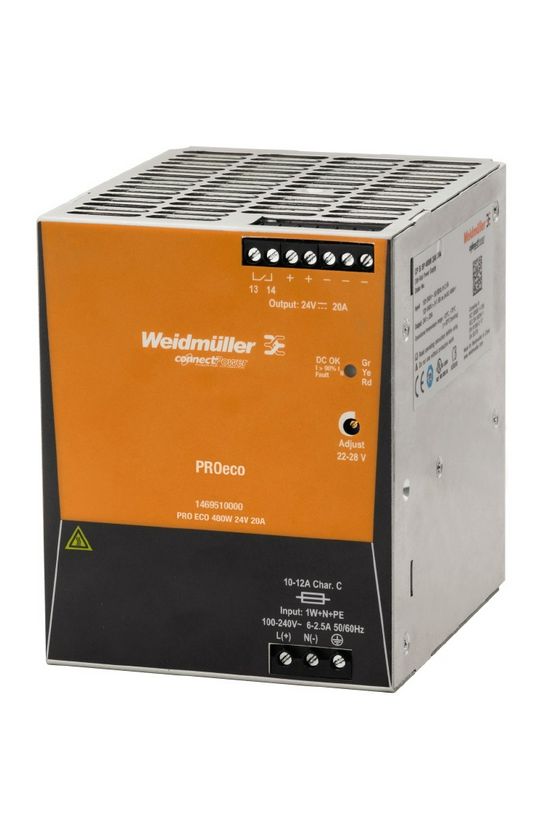 Kapcsolóüzemű DC tápegység 85-264VAC-be 80-370VDC-be 24VDC-ki PRO ECO 480W 24V 20A Weidmüller - 1469510000