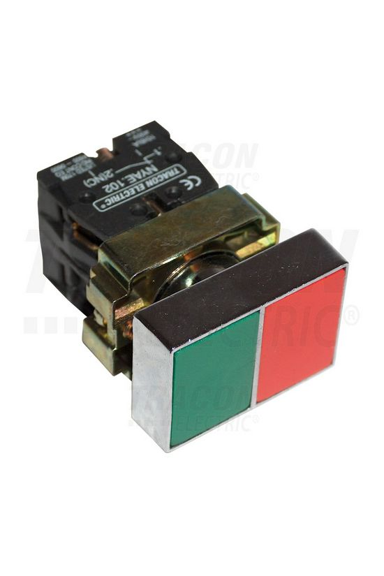 Kettős nyomógomb komplett fém d22 3A piros/zöld lapos visszaugró 1z 1ny csavaros négyzetes TRACON - NYKK8325