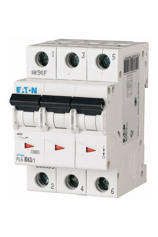 Kismegszakító 3P 63A C-jelleg 400V AC 6kA/60898 3M PL6-C63/3 EATON - 286607