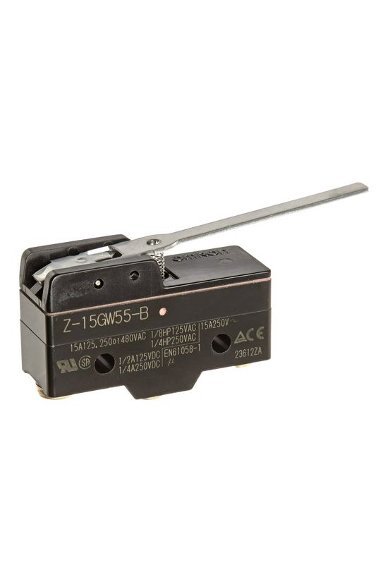 Mikrokapcsoló hosszú lemezkar műanyag 1ny 1z 15A/AC15/230V IP00 csúszó érintkező Z-15GW55-B OMRON - 106603