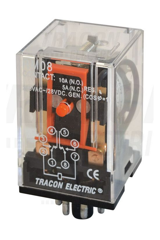 Miniatűr ipari  relé 3A/230VAC/28VDC 2v dugaszolós 24VDC monostabil IP20 TRACON - RM08-24DC