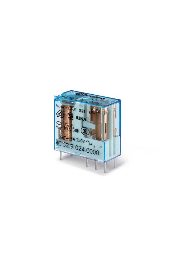 Miniatűr print-/ dugaszolható relé, 2 váltóérintkező 8 A, tekercs: 24 V DC, bemártó tisztításra alkalmas kivitel (RT III)  40.52.9.024.0001 FINDER - 405290240001