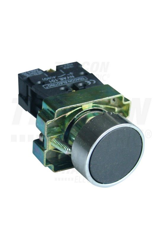 Nyomógomb komplett fém d22 3A fekete lapos visszaugró 1z csavaros kerek IP42 TRACON - NYGBA21