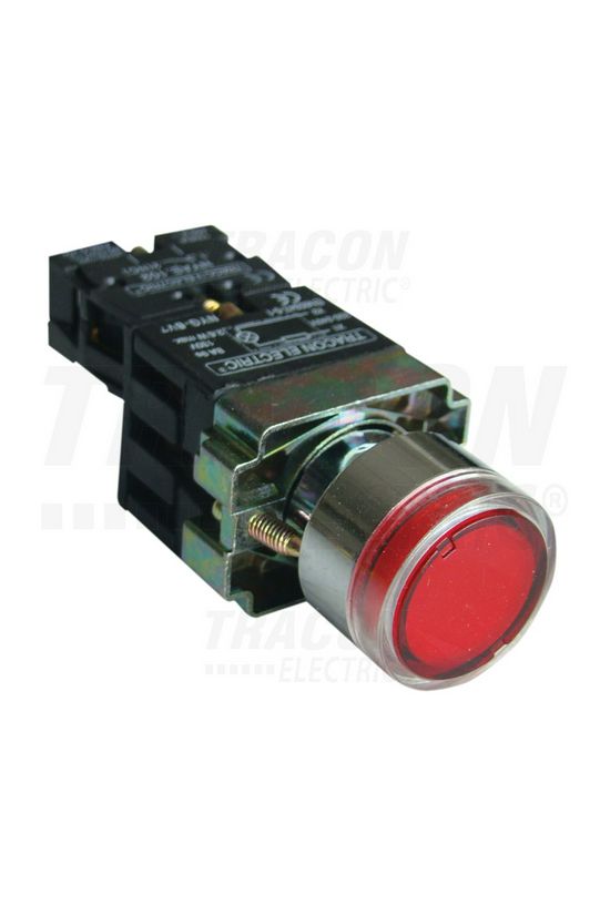 Nyomógomb komplett fém d22 3A világító piros lapos visszaugró 1ny csavaros kerek IP42 TRACON - NYGBW3471P