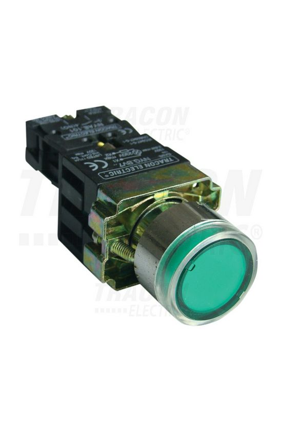 Nyomógomb komplett fém d22 3A világító zöld lapos visszaugró 1z csavaros kerek IP42 TRACON - NYGBW3371Z