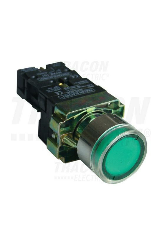 Nyomógomb komplett fém d22 3A világító zöld lapos visszaugró 1z csavaros kerek IP42 TRACON - NYGBW33Z