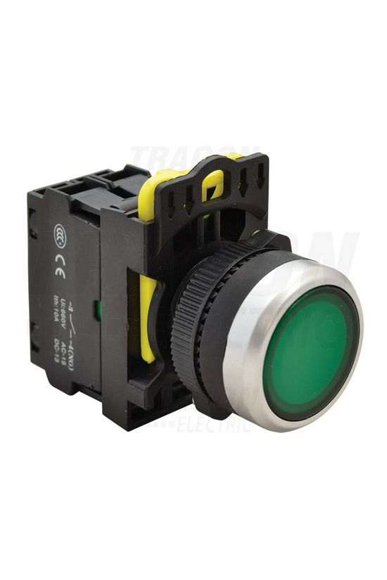 Nyomógomb komplett műa. d22 3A világító zöld lapos visszaugró 1z csavaros kerek IP65 TRACON - NYG3-LG