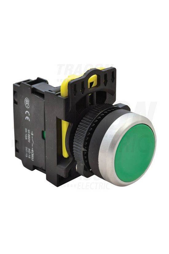 Nyomógomb komplett műa. d22 3A zöld lapos reteszelt 1z csavaros kerek 400V-lámpafeszültség TRACON - NYK3-G