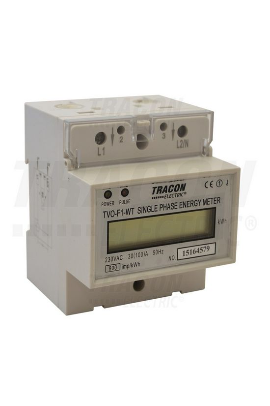 Sorolható fogyasztásmérő 1F LCD impulzusadós 100A direkt elektronikus 230V 1-fázis 4M TRACON - TVO-F1-WT